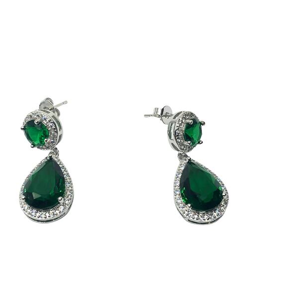 Women's Drop Dangle Emerald Simulated Silver Tone Earrings - Picture 9 of 10